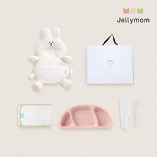 jellymom 新生兒禮盒 護頭防摔背帶枕+矽膠托盤+輔食湯匙+包巾組, 兔奶油(保護套)、粉紅色(盤)、淡粉紅色(湯匙), 1組