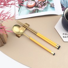 Bogen 韓國製方形雙色鍍金湯筷 + 筷架1人組, 維他命色, 湯匙 + 筷子 + 不鏽鋼銀色筷架, 1套