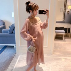 孕婦蕾絲領褶皺長袖雪紡連身裙