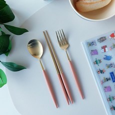 Bogen 高級餐具3件組, 金色 焦糖色(湯匙+筷子+叉子)+餐具袋(隨機出貨), 湯匙+筷子+叉子+餐具袋