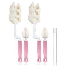 hibee 高級奶瓶旋轉清潔刷 2入+奶嘴清潔刷 2入+吸管清潔刷 2入, 1組, 淺粉色(奶瓶刷)+隨機出貨(吸管刷)