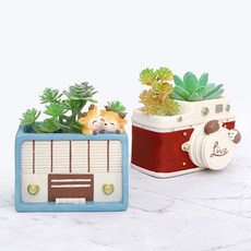 홈플로우 귀여운 동물과 레트로 아이템 수지 화분 2종 세트, 라디오, 카메라, 1세트