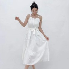 더시럽 여성용 로맨틱 허리 리본 포인트 롱 원피스