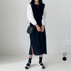 무드인더 여성용 배색 골지 롱 원피스