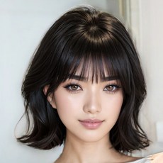 Style Planet 迷你波浪剪裁女性瀏海假髮 30cm + 髮網套組, 黑色, 1套