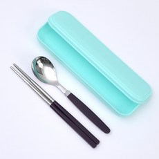 RAONNURI 兒童粉彩盒便攜式便當餐具組, 藍色(外盒), 巧克力色(湯匙, 筷子), 外盒 + 湯匙 + 筷子