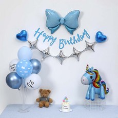 P&B UNITY 藍色角色生日蛋糕氣球拉旗組, 03 獨角獸 藍色, 1套