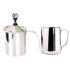 JJ 黑色網狀手動奶泡器 400ml + 拉花鋼杯 350ml 套組, 混合色, 1套