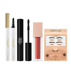 maychic 3D Finger tip眉筆 2入+迷你纖長捲翹睫毛膏 4g+Blurrism Baked唇釉+畫眉輔助器組, 淺棕色（眉色）、黑色（睫毛膏）、粉色馬卡龍（色）, 1套