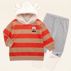 mollimelli 童款耳朵造型連帽條紋刷毛長袖上衣長褲套裝