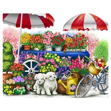 KMELLIE 一體式帆布畫框 3D 圓形鑽石畫套組 50 x 40 cm, 花店小狗, 1套