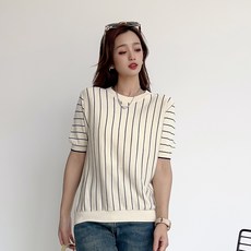 더시럽 여성용 세로 스트라이프 라인 반팔 니트 티셔츠