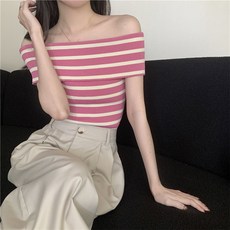 Elsso 女性一字領條紋修身T恤