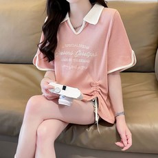INFIOUS 女款翻領字母抓皺短袖T恤 I263-0048