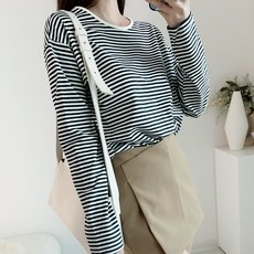 이지스튜디오 여성용 통기성 라잇 스트라이프 오버핏 긴팔 티셔츠