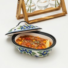 PRACA 波蘭風格陶瓷橢圓蓋飯碗, 1個, 藍色卡里亞