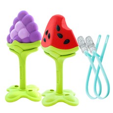 ange 3D水果造型固齒器 附矽膠鍊夾, 3個月以上, 西瓜+葡萄+矽膠鍊夾(隨機出貨), 1組
