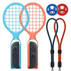 SPACE SHIELD Playfit 運動狂熱網球拍 2入 + 超級蘑菇搖桿帽 2入 組, 藍色, 紅色(搖桿帽), 1套, 任天堂 Switch 2 Joy-Con