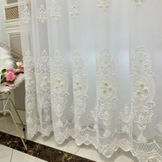 Mimisole 底部串珠刺繡蕾絲 小窗長窗 雪紡穿環式窗簾, 白色