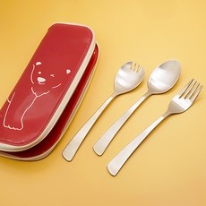 Table Art 兒童金老虎湯匙+叉子+匙叉+餐具袋, 紅色(餐具盒), 1組