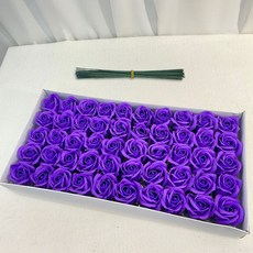 EPLYN 肥皂玫瑰花 50入+鐵絲花梗 50入, 深紫色