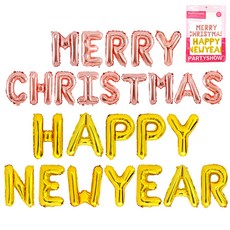 PARTYSHOW 訊息鋁箔氣球組 聖誕玫瑰金 + 新年快樂金色 套裝, 1套, 混色