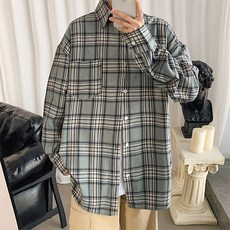 남성용 가슴포켓 일반 체크 무늬 긴팔 남방 셔츠