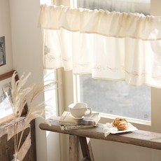 BELLELIFE 縫線葉子刺繡短窗簾, 自然色 (單一顏色)