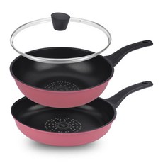 Kitchen-Art IH電磁爐適用優質柔色鍋具3件組, 粉色, 平底鍋 28cm+炒鍋 28cm+玻璃鍋蓋 28cm, 1組