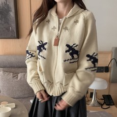 URBANLINE 女款Slin厚實雪人圖案針織拉鍊開襟衫
