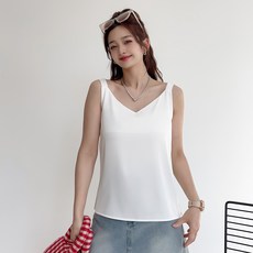 더시럽 여성용 와이드 V넥 새틴 굵은 끈 나시