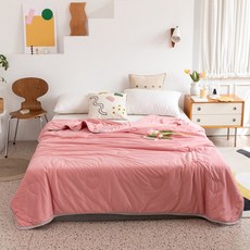 愛心絎縫拼色滾邊設計純棉薄被, 粉色的
