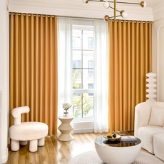 HOME&CHANG Cozy打孔遮光窗簾 2入+窗簾繩 2入組, 黃色