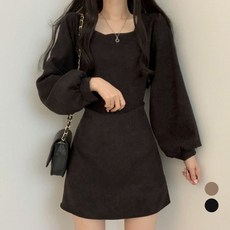 Elsso 麂皮絨簡約泡泡袖長袖方領迷你連身裙, 黑色