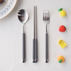Bogen 孩童雙色金屬湯匙+筷子+叉子, 銀色 炭灰色, 湯匙+筷子+叉子, 1組