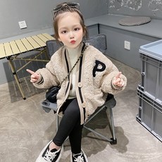 女童P字造型泡泡袖絨毛外套