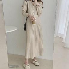 TANIZ 細褶腰帶單排扣針織連身長裙, 象牙白