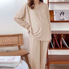 BORIMOM 哺乳鈕扣圓領長袖T恤+長褲 M556