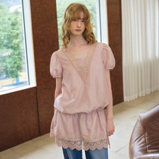 oh L V領蕾絲抽繩洋裝, 粉紅色