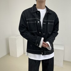 男款雙口袋寬鬆版型縫線不褪色牛仔夾克