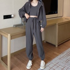 구디프 여성용 레이디 라운드 크롭 나시 + 크롭 후드 집업 + 밴딩 쭈리 트레이닝 팬츠 세트