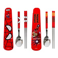 LILFANT 漫威印花不鏽鋼餐具+收納盒組 2款, 蜘蛛人款+鋼鐵人款, 湯匙 2入+筷子 2入+餐具盒 2入