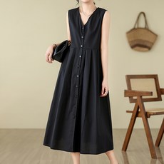 Paperments Amber V領鈕扣寬鬆無袖洋裝 10505, 黑色