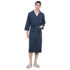 Wonine 情侶鬆餅格紋浴袍 L, 1個, 海軍藍