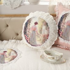 ANDCOTTON Adel 名畫亞麻蕾絲圓形抱枕 含枕芯, 白色