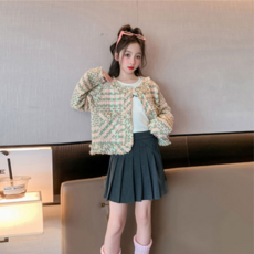 Olenjidamom 女童鈕扣口袋流蘇粗花呢夾克