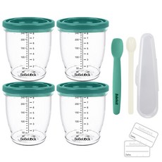 Bebelock 副食品刻度密封罐 4罐+矽膠餵食湯匙 第1階段+PP湯匙+標籤貼 24張, 薄荷綠, 960ml, 1組