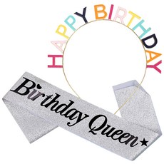 조이파티 메탈릭 생일머리띠 + 생일어깨띠 Birthday Queen 세트, 레인보우(머리띠), 글리터실버(어깨띠), 1세트