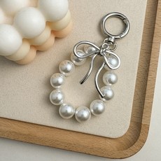 PEONIST 蝴蝶結緞帶珍珠時尚鑰匙圈, 1個, 白色