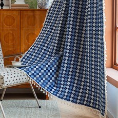 韓國 GNY 菱格紋圖案流蘇遮蔽簾 穿孔式, 藍色